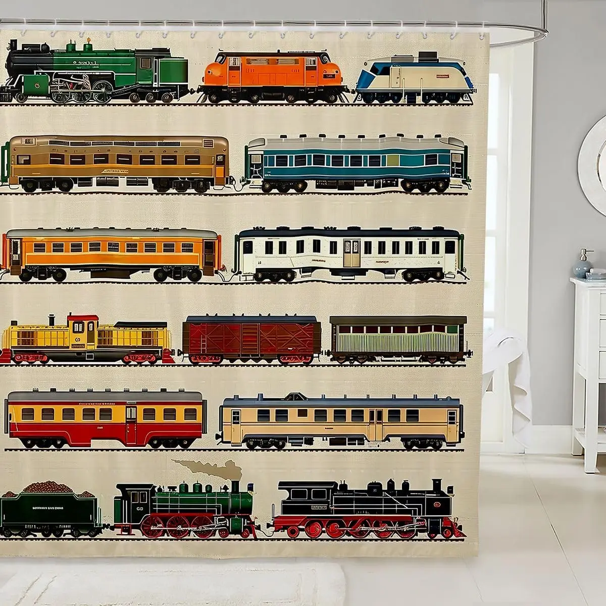Feelyou Digital Print Vintage Train Shower Curtain, Waterproof Polyester Bathroom Decor, Locomotives Rail Transport Design Bath Curtain for Stalls & Bathtubs, 72"x72" Bathroom Accessory, Digital Print Shower Curtains