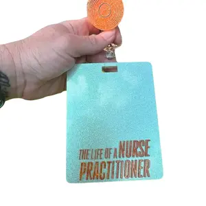 Orange Glitter Showstopper Badge Buddy HORIZONTAL - The Life of a Nurse Practitioner, Badge Buddy & Reel, Shimmery Acrylic, Interchangeable Velcro, Durable & Lightweight