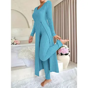Two-piece Set of Long-sleeved Ribbed Top and Pants for Women