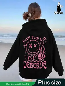 【Plus Size】 Cartoon Smile Face & Letter Print Drop Shoulder Aesthetic Hoodie, Fashion Casual Drawstring Pocket Hooded Sweatshirt for Daily Holiday Outdoor Wear, Women Plus Clothing for Fall & Winter