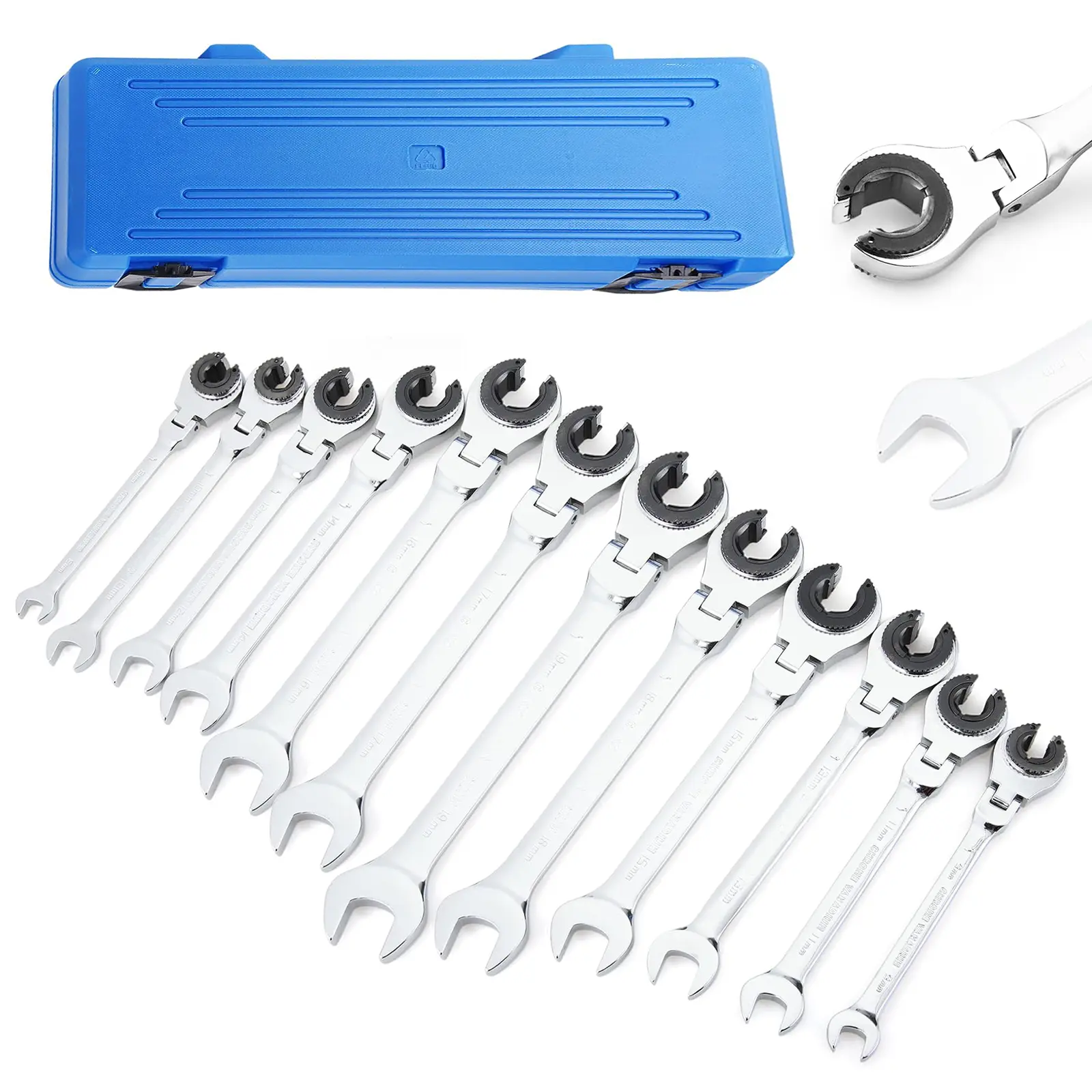 12-Piece Metric Open-End Flex-Head Ratcheting Wrench Set, Cr-V Steel with 72-Tooth Gear, Ratchet Handle, Storage Box - Ideal for Fuel, Brake Lines (8-19mm)