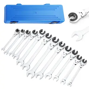 12-Piece Open-End Flex-Head Ratcheting Wrench Set, Tubing Combination Wrench Set with Storage Box, Metric, 8-19mm, 72-Tooth, Open-end for Nuts on Fuel, Brake or Air Conditioning Lines, Cr-V Steel