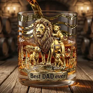 Lion Dad And Kids, Best Dad Ever Drinking Whiskey Glass, Personalized Gifts For Dads