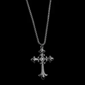 Silver Fleur De Lis Diamond Cross Necklace