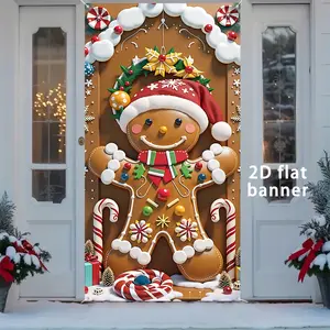 Cute Gingerbread Man Christmas Door Banner, Durable Polyester Fabric, 35.4x70.8in, Outdoor & Indoor Decor, Ideal for Porch, Yard, Garage, Wall Decor Banner