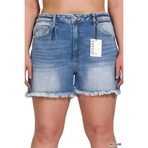 Plus Size High-Rise Frayed Hem Denim Shorts