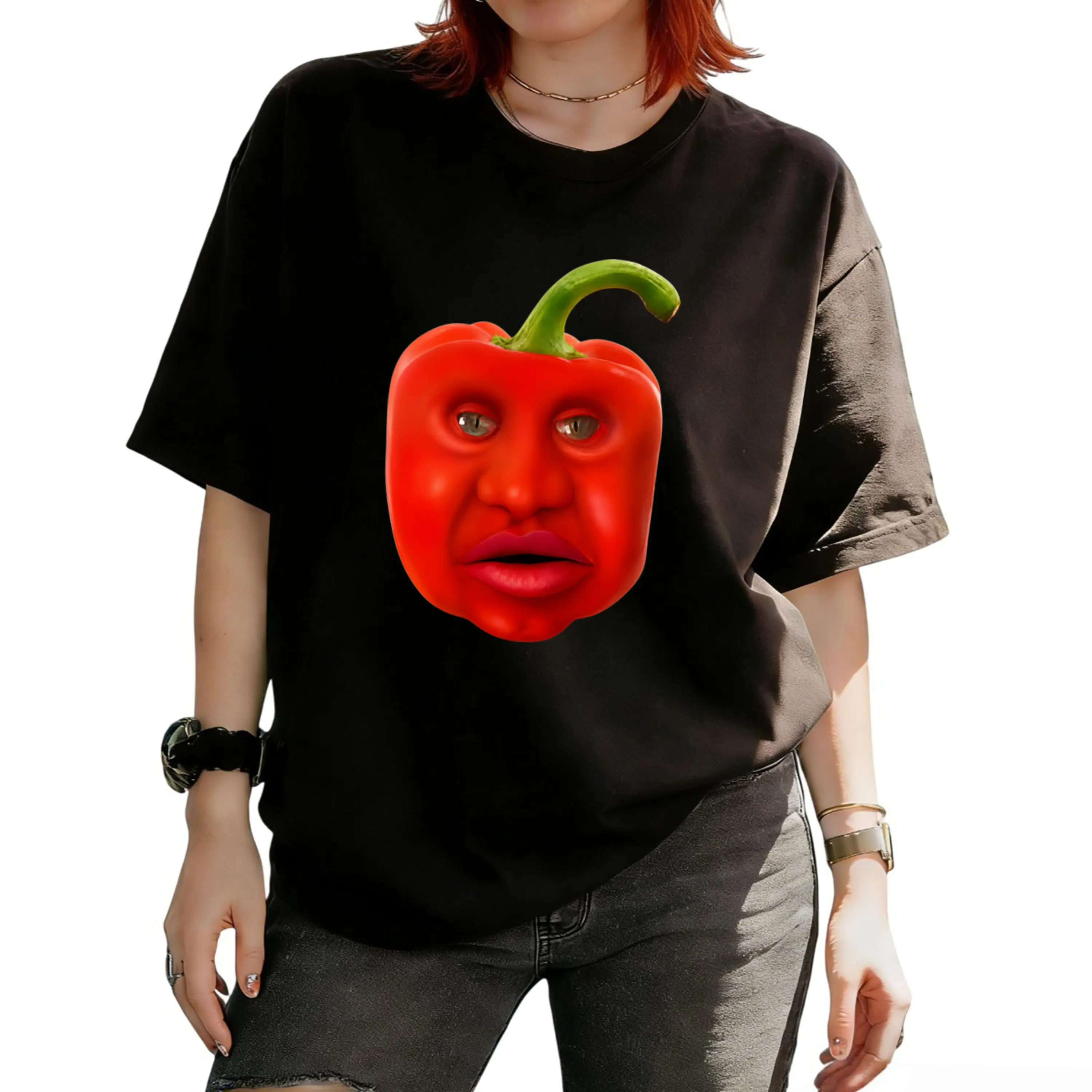 Men's Women Funny Red Pepper Meme Graphic T-Shirt, Casual Relaxed Fit Crewneck in Thick Breathable 100% Cotton