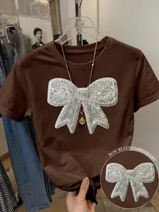Women's Summer Embroidered Bow Sequin Casual Round Neck Lady T-Shirt, Womenswear, Fitted Style, Perfect for Summer Wear, No Zipper, with Collar