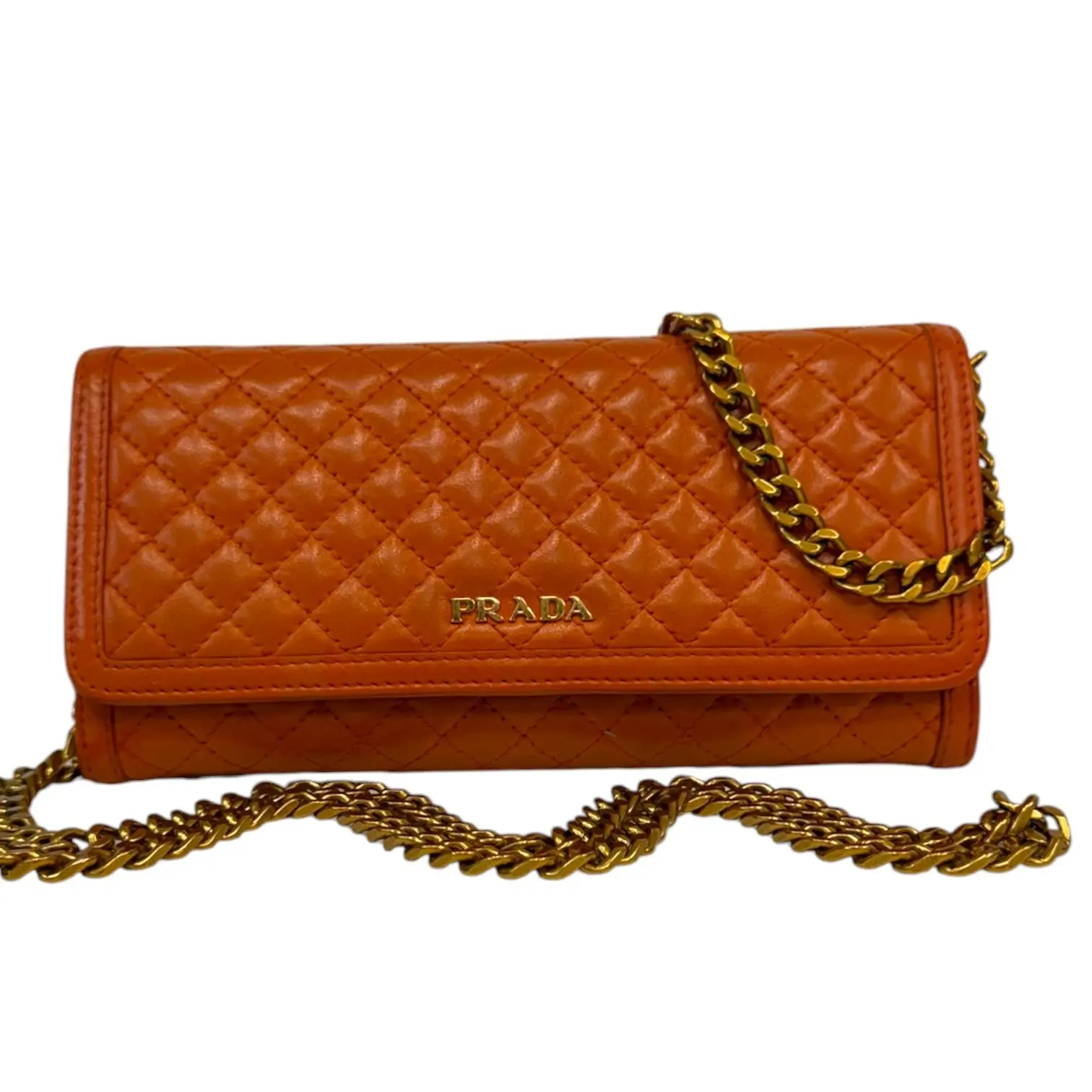 Pre-owned PRADA leather Crossbody Bags Orange Quilted Wallet with Chain