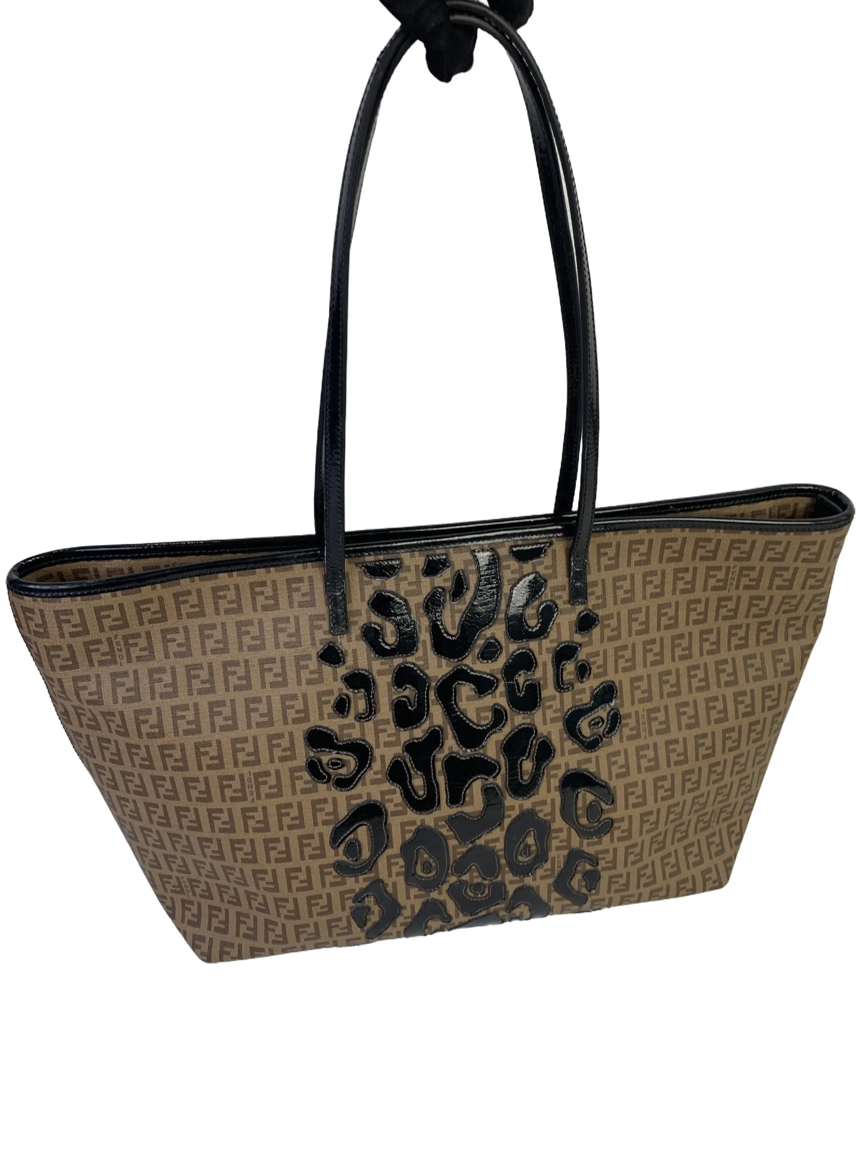 Pre-owned FENDI Brown FF Jacquard Leopard Patchwork Patent Leather Tote Bag/AR09215303/5303