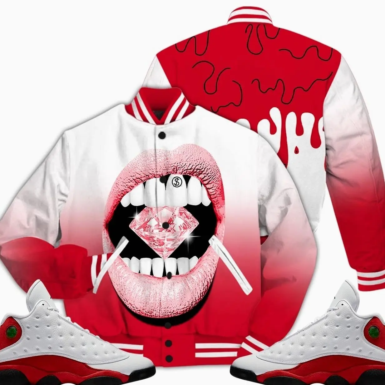 Retro 13 Chicago Varsity Jacket, Chicago 13s Outfits, Lip Diamond Unisex T-Shirts To Match Sneakers, Streetwear Style Urban