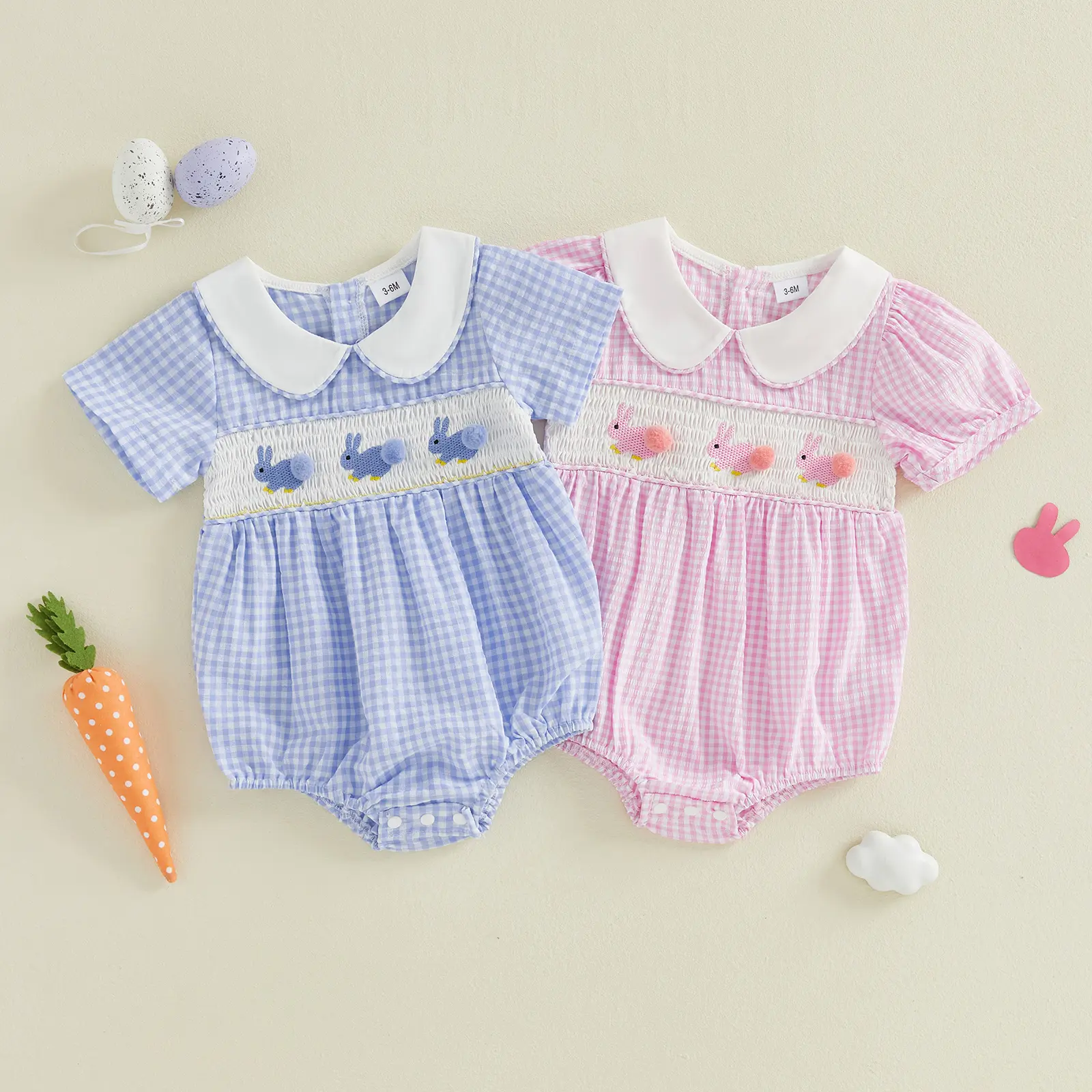 Infant Baby Girl Easter Plaid Romper Bunny Embroidered Smocked Short Sleeve Bubble Jumpsuit Cute Clothes 0-24 Months