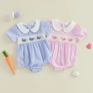 Newborn Infant Baby Girl Easter Plaid Romper Bunny Embroidered Doll Collar Short Sleeve Bubble Jumpsuit Cute Summer Spring Clothes 0-24 Months