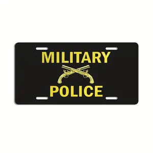 Military Police Badge Metal License Plate Frame, with Crossed Pistol Pattern and Bold Yellow Text on Black Background - Standard American 4-Hole Screw Installation, Decorative Car Appearance Accessory for Displaying Military Honors, Army Accessories, Larg