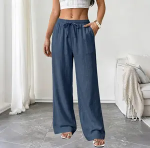 Women’s casual wide-leg pants for home wear—summer drawstring long pants with pockets; soft, lightweight, breathable, wrinkle-resistant fabric with a relaxed drape; suitable for home, everyday, and vacation outfits.