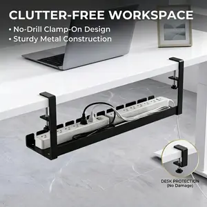 No-Drill Clamp-On Under Desk Cable Management Tray, Sturdy Metal Cord Organizer for Home Office Workspace