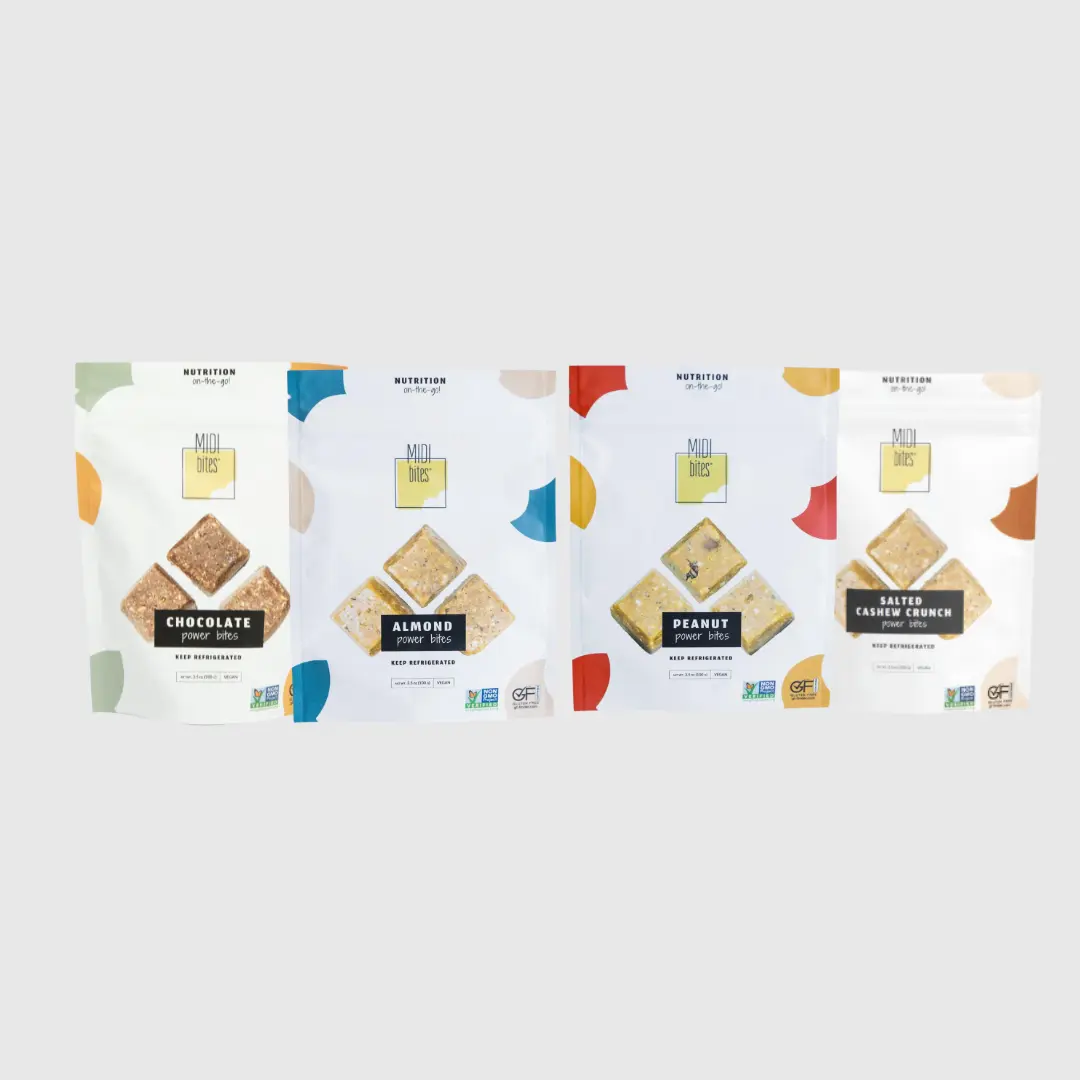Midi Bites Tik Tok exclusive Variety Sample pack , Vegan, Gluten free, Non gmo ( Almond - Peanut - Chocolate- Salted Cashew Crunch ) 4 Bags/ 20 bites