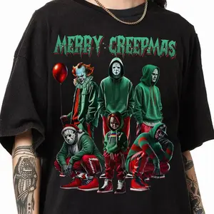 Delivered after Christmas-Merry Creepmas T-Shirt, Horror Characters Christmas Party Shirt, 100% Cotton Funny Xmas Party Tee, Christmas Gift Idea, Scary Xmas Shirt