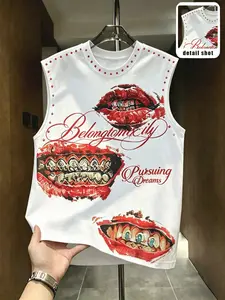 American Street Style Men's High Fashion Lip Graffiti Print Sleeveless T-Shirt, Rivet Decoration, Loose Fit, Summer Casual Tank Top