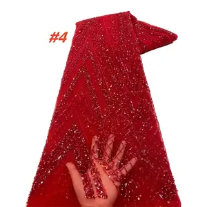 High-Quality African Sequins Beaded Lace Fabric, Plain Contrast Lace, French Nigerian Embroidery Material for Wedding Sewing, Elegant Craft Supplies