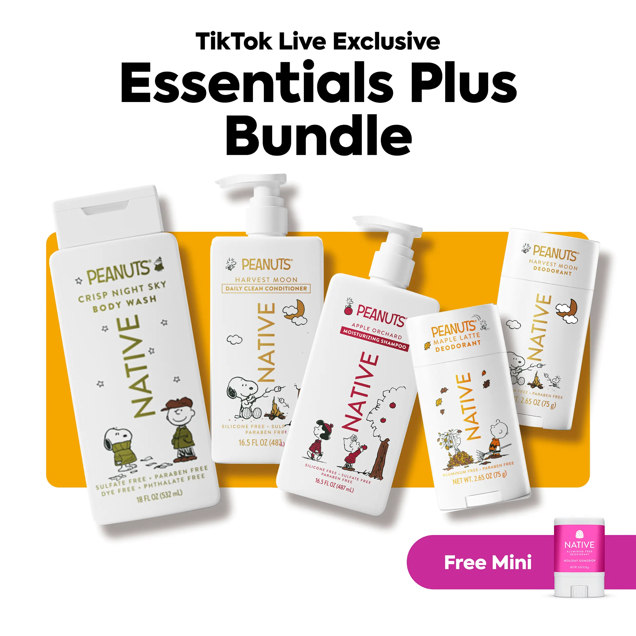 NATIVE Essentials Plus Bundle - Deodorant (2), Body Wash, Shampoo & Conditioner - with exclusive FREE mini Deodorant!