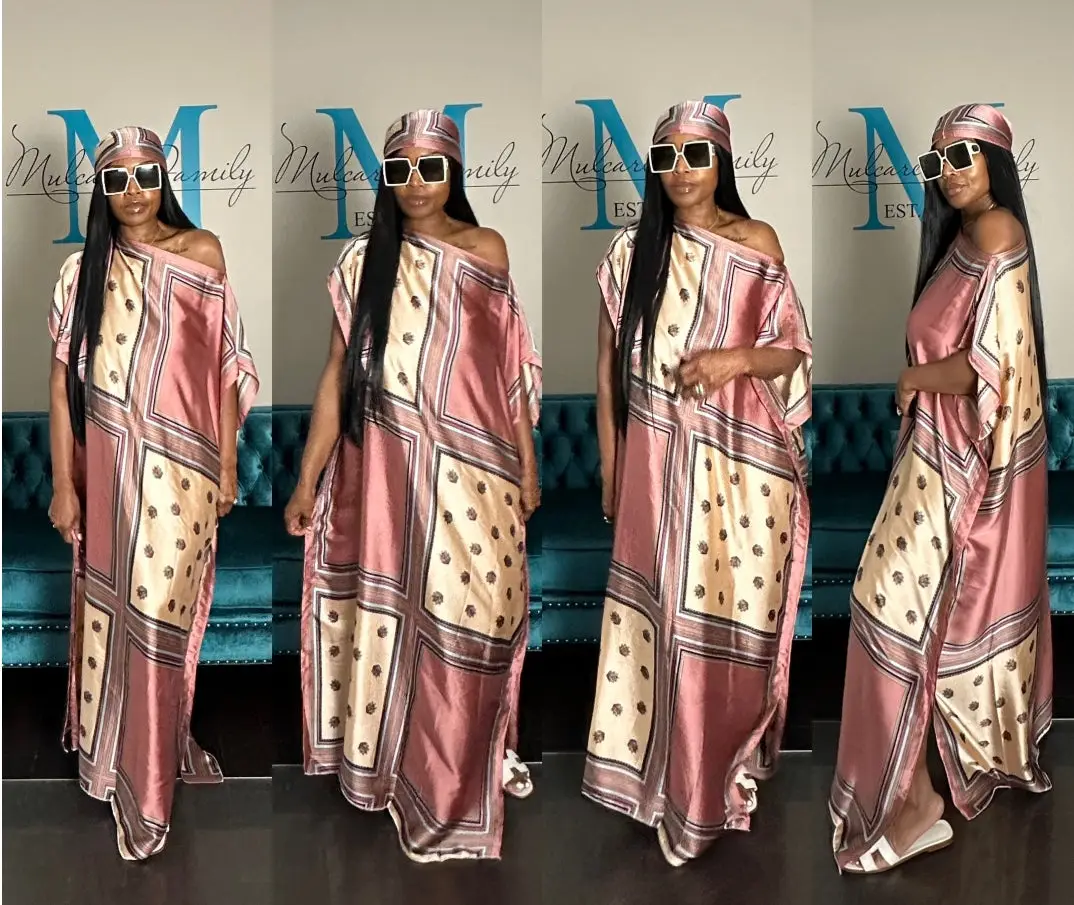 Santorini Collection Satin Kaftan Maxi with Matching Scarf- Mauve Beige Cream Blend Ships 10/17