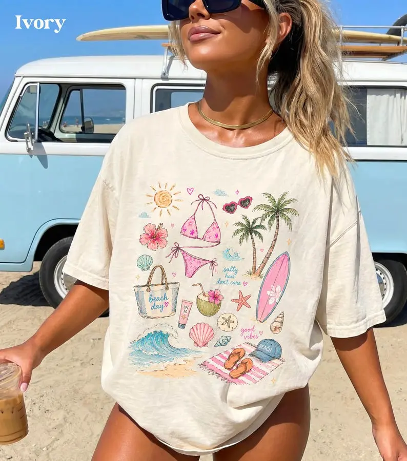 Comfort Colors Beach Summer Vacation Shirt Seashell T-Shirt Aesthetic Coastal Graphic Tee Vintage Ocean Shells Top Nature Lover Gift Spirit Era Art