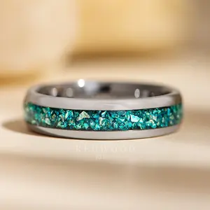 Silver Tungsten Ring with Blue Lab-Created Aquamarine Gemstone Inlay - 6MM