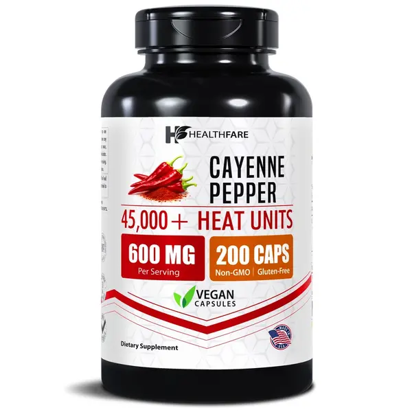 Healthfare Cayenne Pepper Extract, 600mg | 200 Veg Capsules | 45,000 HU