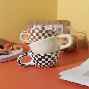 Unique Irregular Grid Ceramic Cup, Aesthetic Stylish Coffee Mug for Home & Office, Perfect for Casual Drinking, Daily Use Design
