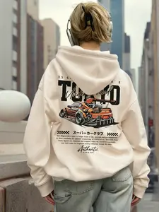 Women's Fashion Car Graphic Hoodie, Fitted Long Sleeve Sweatshirt, Casual Spring & Fall Wear, Perfect Gift Choice
