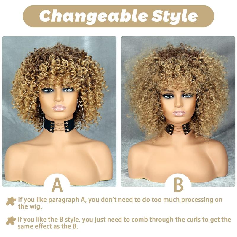 Xinran 14-inch Blonde Curly Synthetic Wig Brown Mixed Gold Afro Wig for Black Women Heat Resistant Everyday Wear Brown to Gold Style