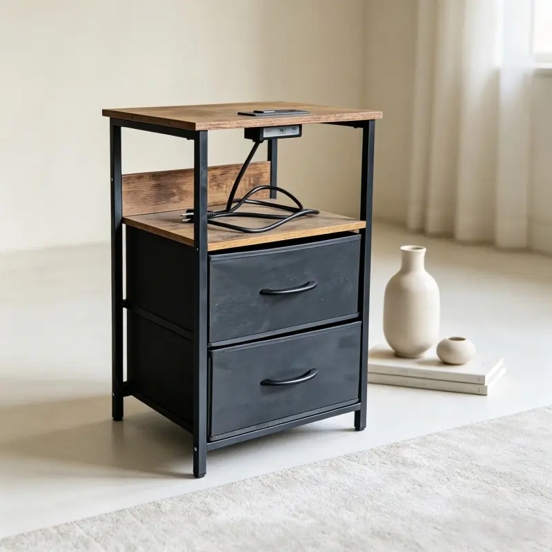 Wooden nightstand storage unit, industrial coffee table with 2 fabric drawers, rustic wood-framed table for bedroom and living room