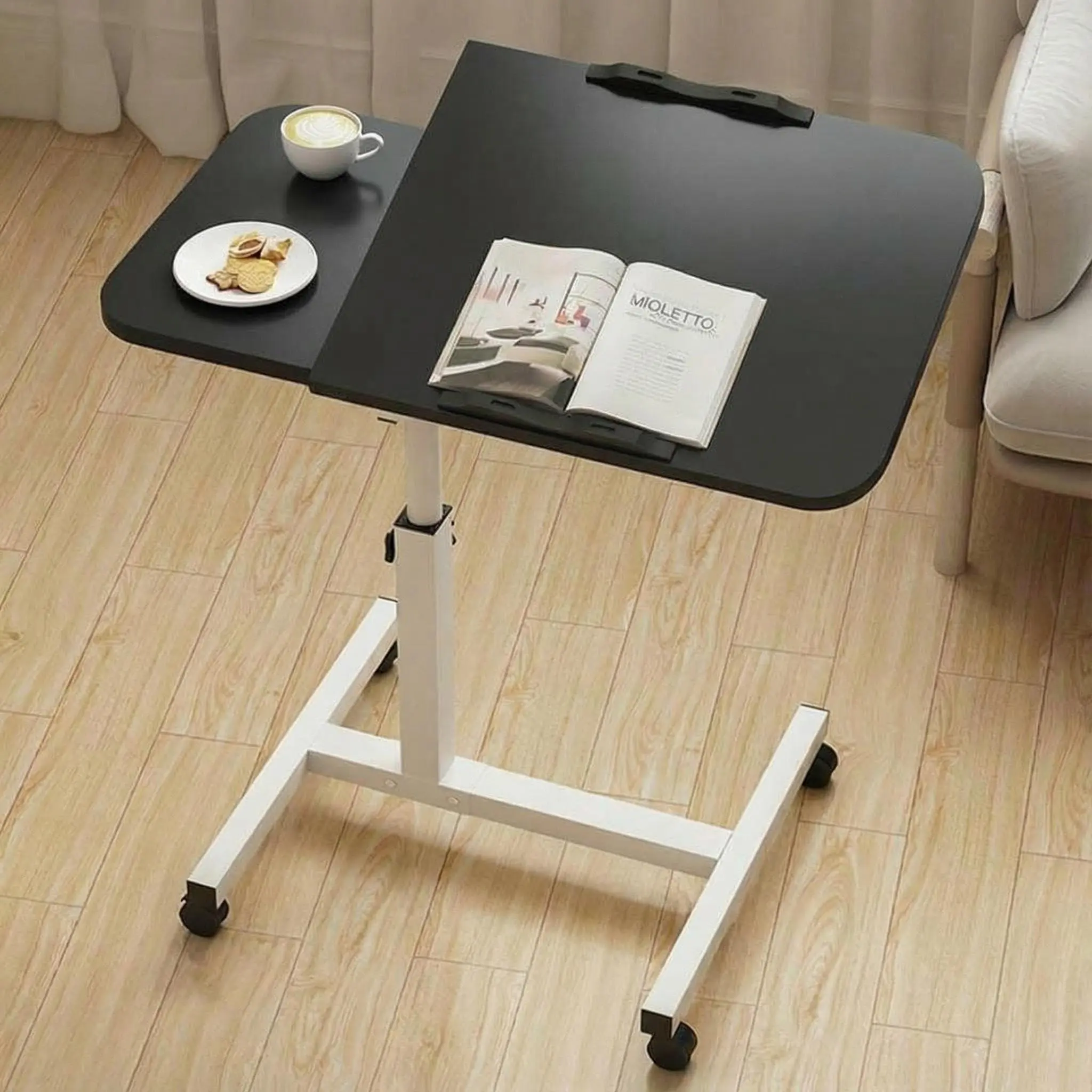 Gaomon Hospital-Grade Glide Wheeled Over-Bed Desk - Adjustable Height, Swivel Top, Compact Design, Black for Home Use, Wheeled Base