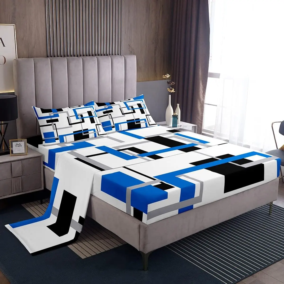 Feelyou Full Microfiber Bedroom Bedding Set - Cool, Breathable Sheets with Geometric Grid Pattern Flat Sheet, Smooth Texture, Durable, Modern Linens for Teens, Soft Comfy All-Seasons Bedding