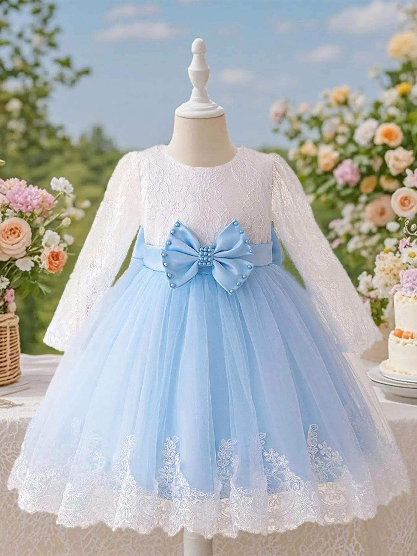 Toddler Girl's Bow Decor Lace Trim Sweater Dress, Elegant Long Sleeve Round Neck Knit Dress for Party Wedding Guest, Kids Clothes for Spring & Fall, L