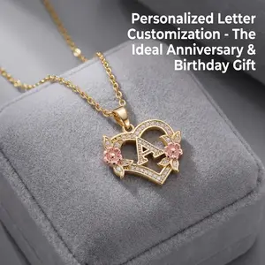 1pc A-Z Letter Love Heart Necklace Elegant zirconia Rose Golden Necklace Valentine'S Day Gift Trendy Jewelry For Women GM-954