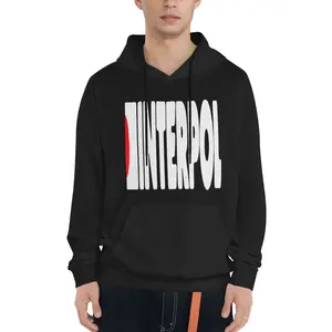 Interpol Band Print Hoodie, Casual Polyester Knit Fabric Pullover, Loose Fit, with Kangaroo Pocket