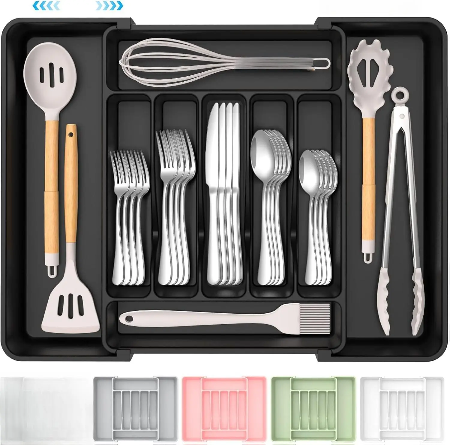 New Deal - Extra Large Expandable Silverware Organizer, BPA-Free Food-Safe Cutlery Flatware Organizer, Kitchen Utensil Drawer Organizer, Adjustable Silverware Holder for Spoons Forks Knives, Black