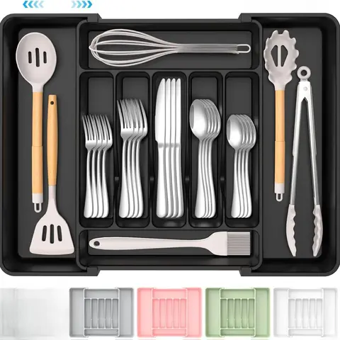New Deal - Extra Large Expandable Silverware Organizer, BPA-Free Food-Safe Cutlery Flatware Organizer, Kitchen Utensil Drawer Organizer, Adjustable Silverware Holder for Spoons Forks Knives, Black