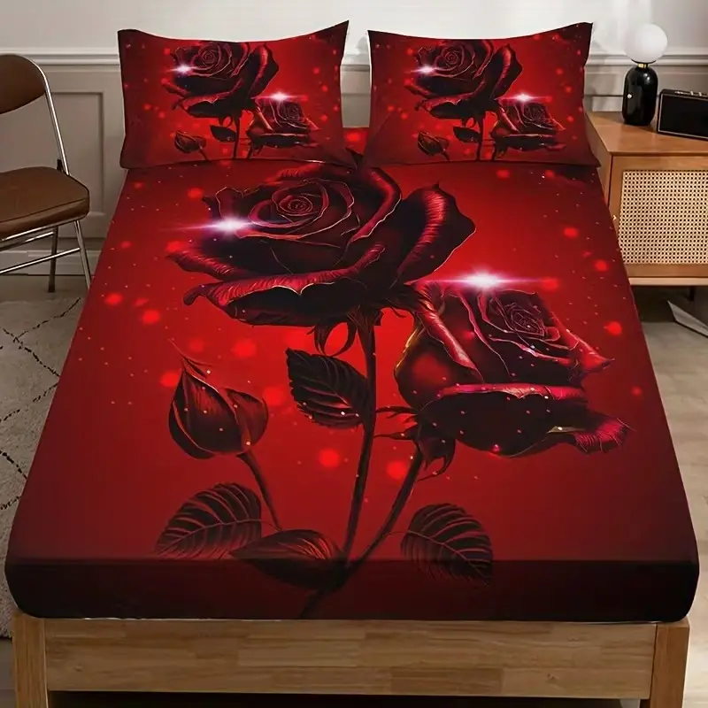 3pcs Romantic Rose Home High Definition Digital Print Bed Sheet Set, Comfortable & Stylish Bedroom Essentials, Decorative Bedsheet Sets, Polyester Bed Set