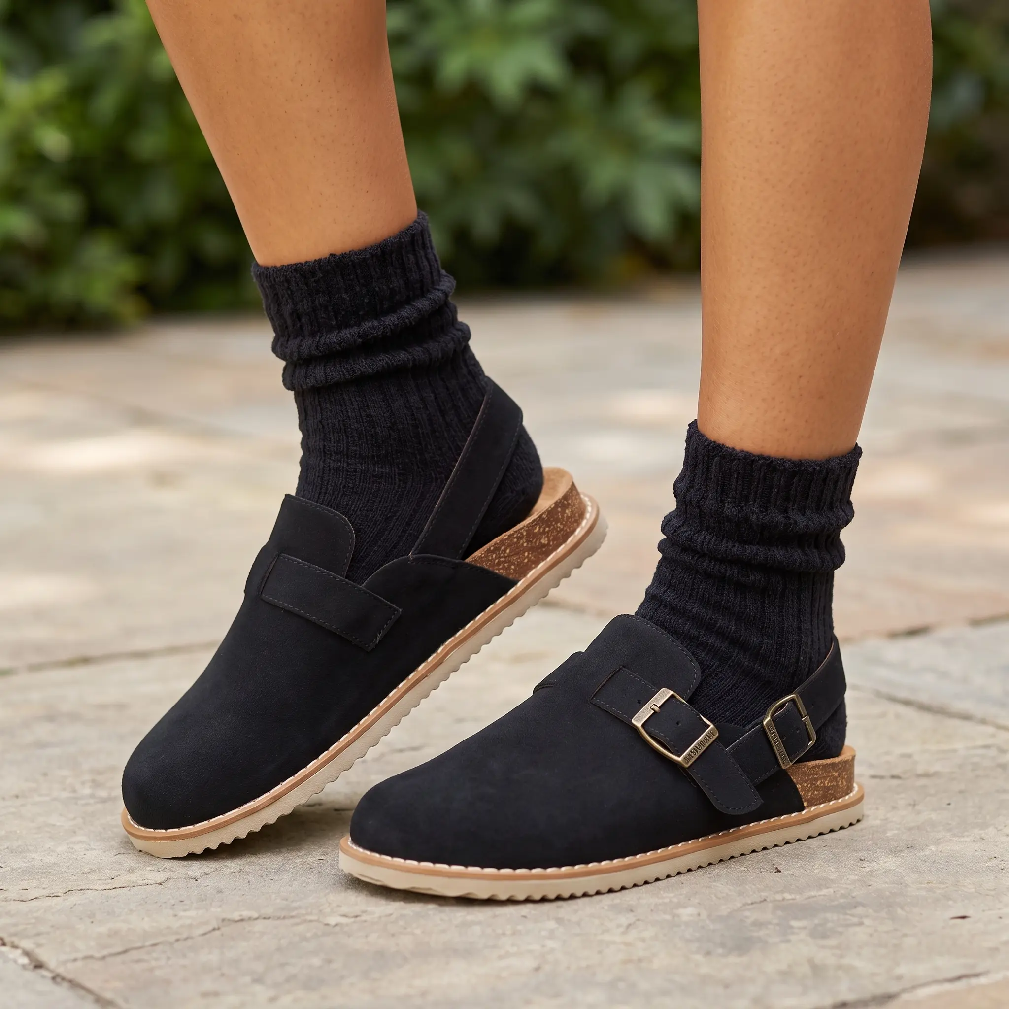 Dimgamo Women's Genuine Suede Slingback Clogs, Closed‑Toe with Adjustable Buckle, Cork Footbed, Genuine Suede Lining, Flexible Outsole, Indoor & Outdoor Casual Shoes