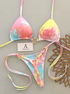 New Beach Pool Party Sexy Casual Tie-Dye Fashion Print Halter Bikini Women's Two-Piece Swimsuit, Stylish and Comfortable Swimwear, Halter Bathing Suit