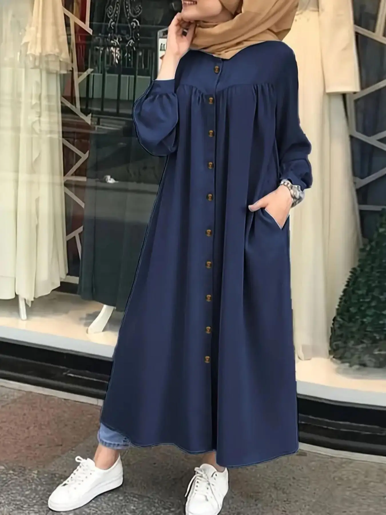 Muslim Women's Casual Open Front Long Sleeve Dress, Elegant Stand Collar, All Season Woven Fabric, Modest Style, Age 55-64, Modestdresses
