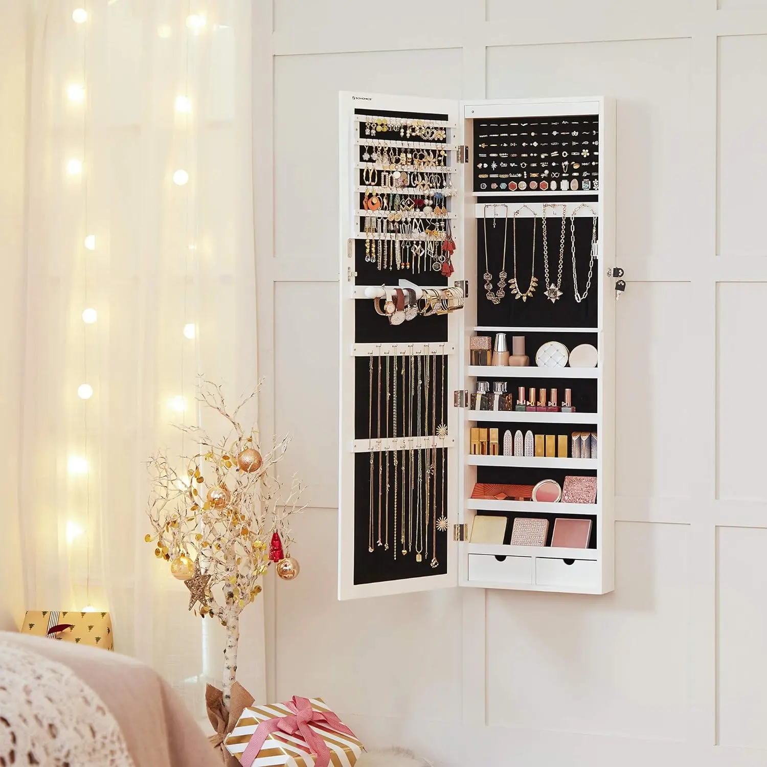 SONGMICS Lockable Storage Cabinet - 47.2-in Tall MDF Home Organizer with 6 Soft LED Lights, 3 AAA Batteries, Key Lock, Easy Mounting, Wall/Hanging Mount, Mirror, 2 Drawers, Home Decor, Christmas Gift