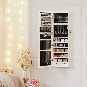 SONGMICS 6 LEDs Mirror Jewelry Cabinet, 47.2-Inch Tall Lockable Wall or Door Mounted Jewelry Armoire Organizer with Mirror, 2 Drawers, Christmas Gift