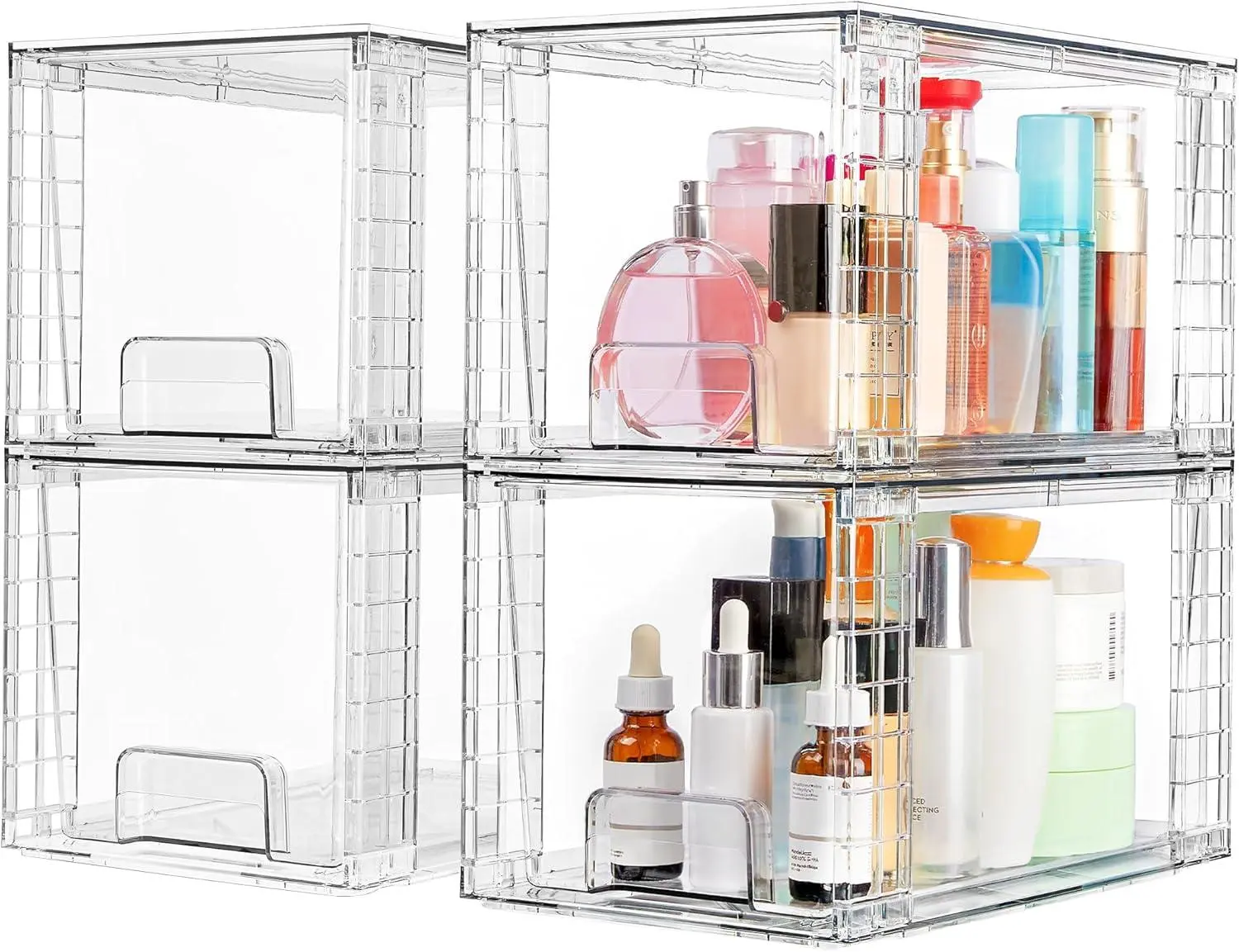 4 Pack Large Stackable Storage Drawers, Easy Assembly Acrylic Organizer Bins for Bathroom Closet Under Sink Storage, Plastic Storage Containers for Kitchen Cabinets Pantry Makeup and Medicine Organization and Home Storage Solution