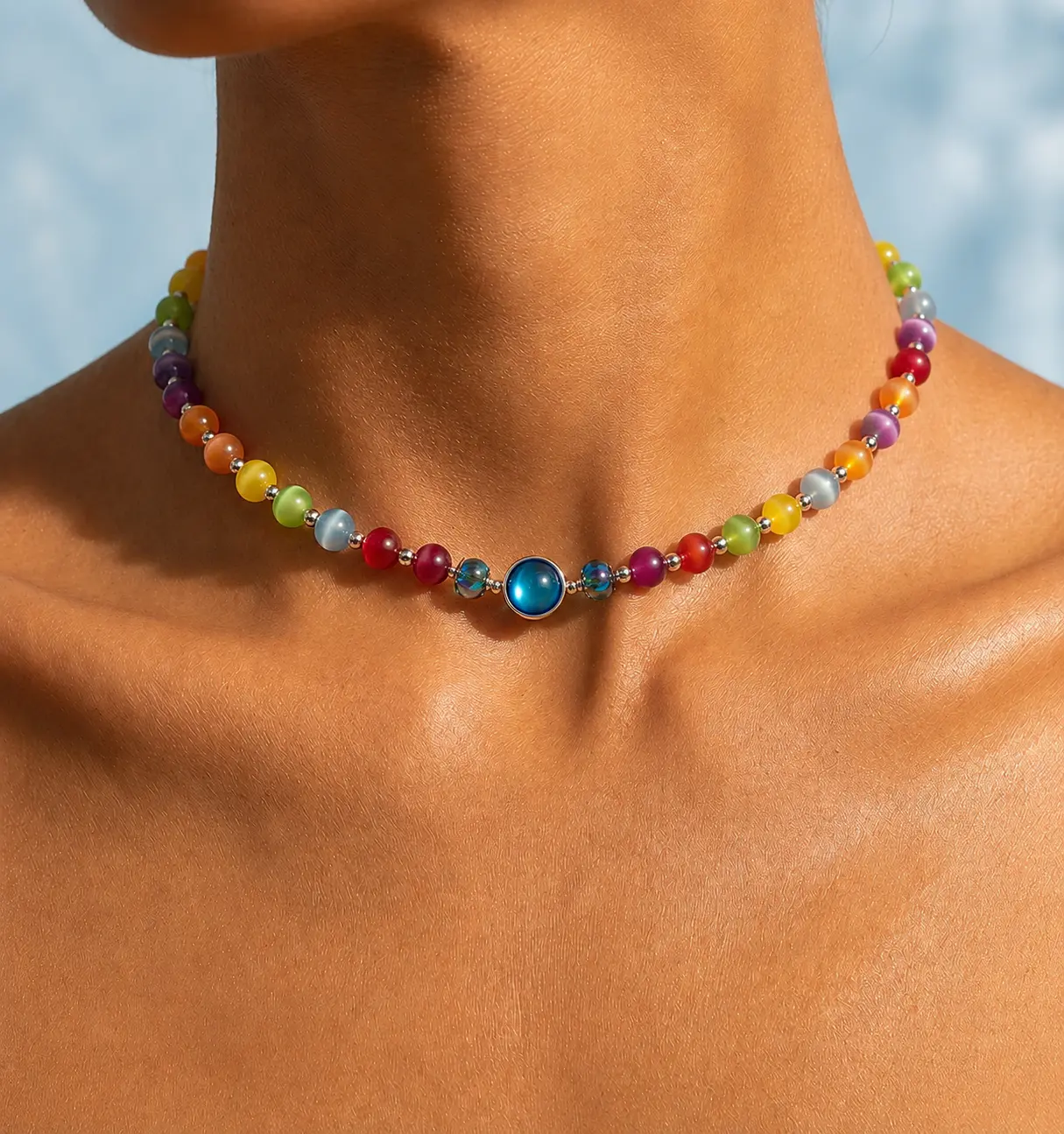 Dopamine Necklace - UV Reactive, Waterproof Rainbow Beaded Choker, Brightly Colored & Colorful Metallic Summer Jewelry with Stainless Steel, Brightly Colored Necklaces, Colorful Metallic Necklaces