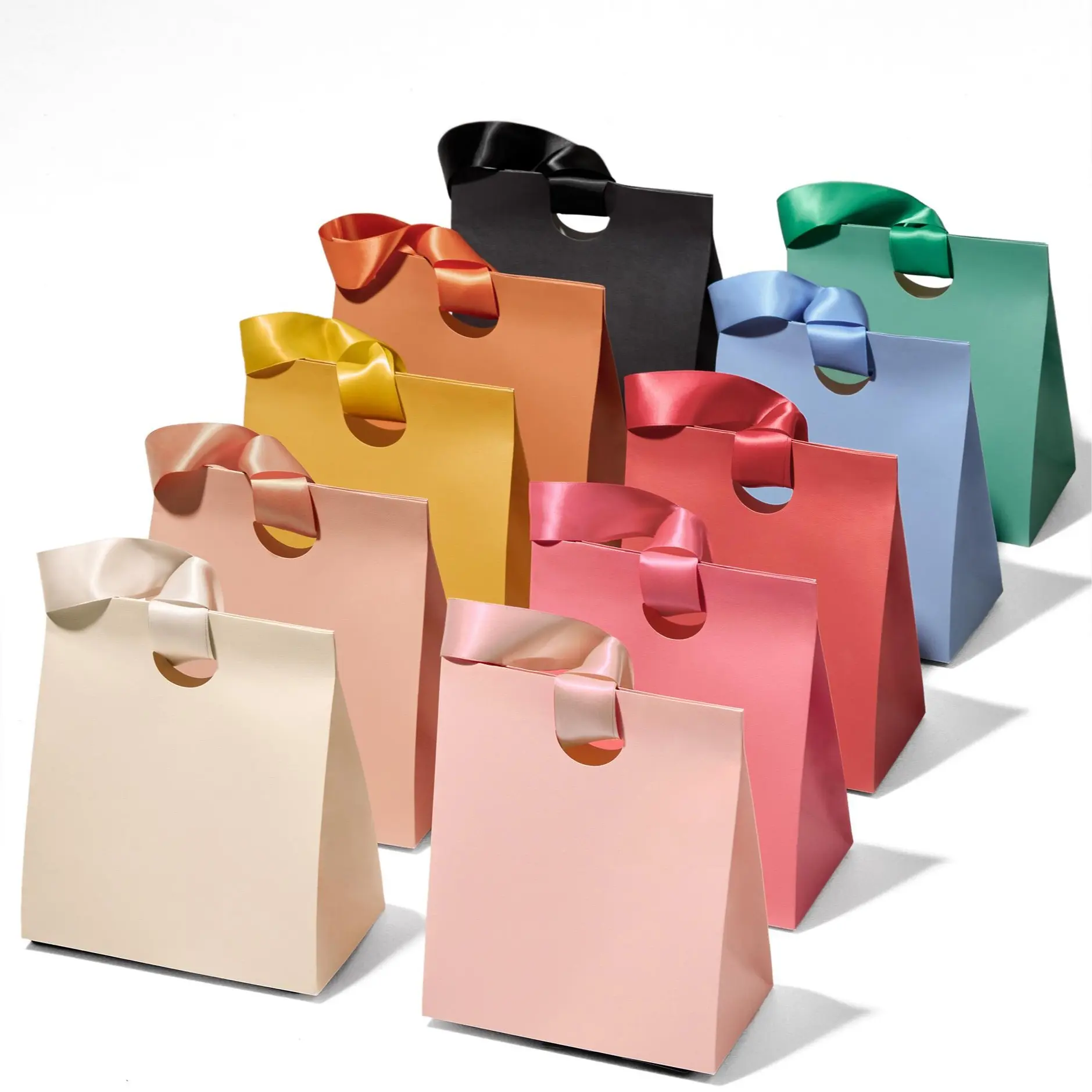Vitalizart Unisex Small Eco-Friendly Thick 230gsm Cardstock Paper Gift Bags (5.91in x 3.54in x 7.28in) with Satin Ribbon Handles, Bulk 10-Pack Assorted Colors, Completely Odor-Free, Crease-Free Reusable Party Bags for Christmas Gifts, Graduation Presents,
