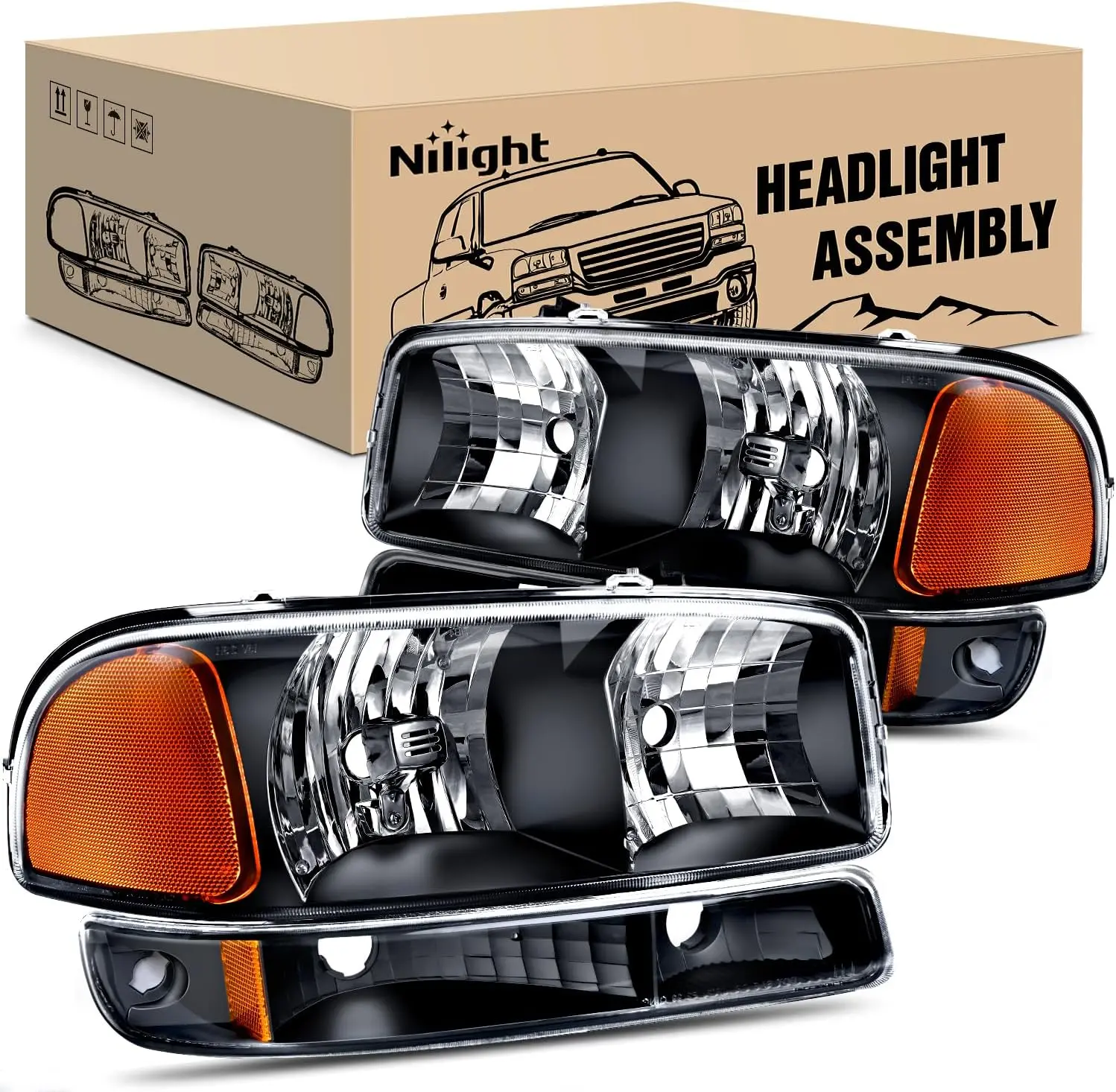 Nilight Car Headlights Assembly, Compatible for 1999-2006 GMC Sierra Yukon, Black Housing, Amber Corner, Clear Lens, Replacement Headlight Assembly
